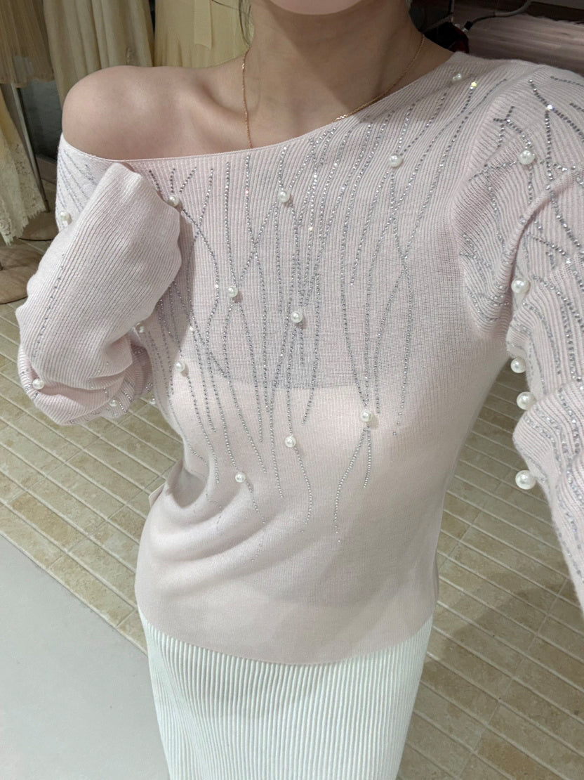 【tops】パール付きニットトップス Q9134