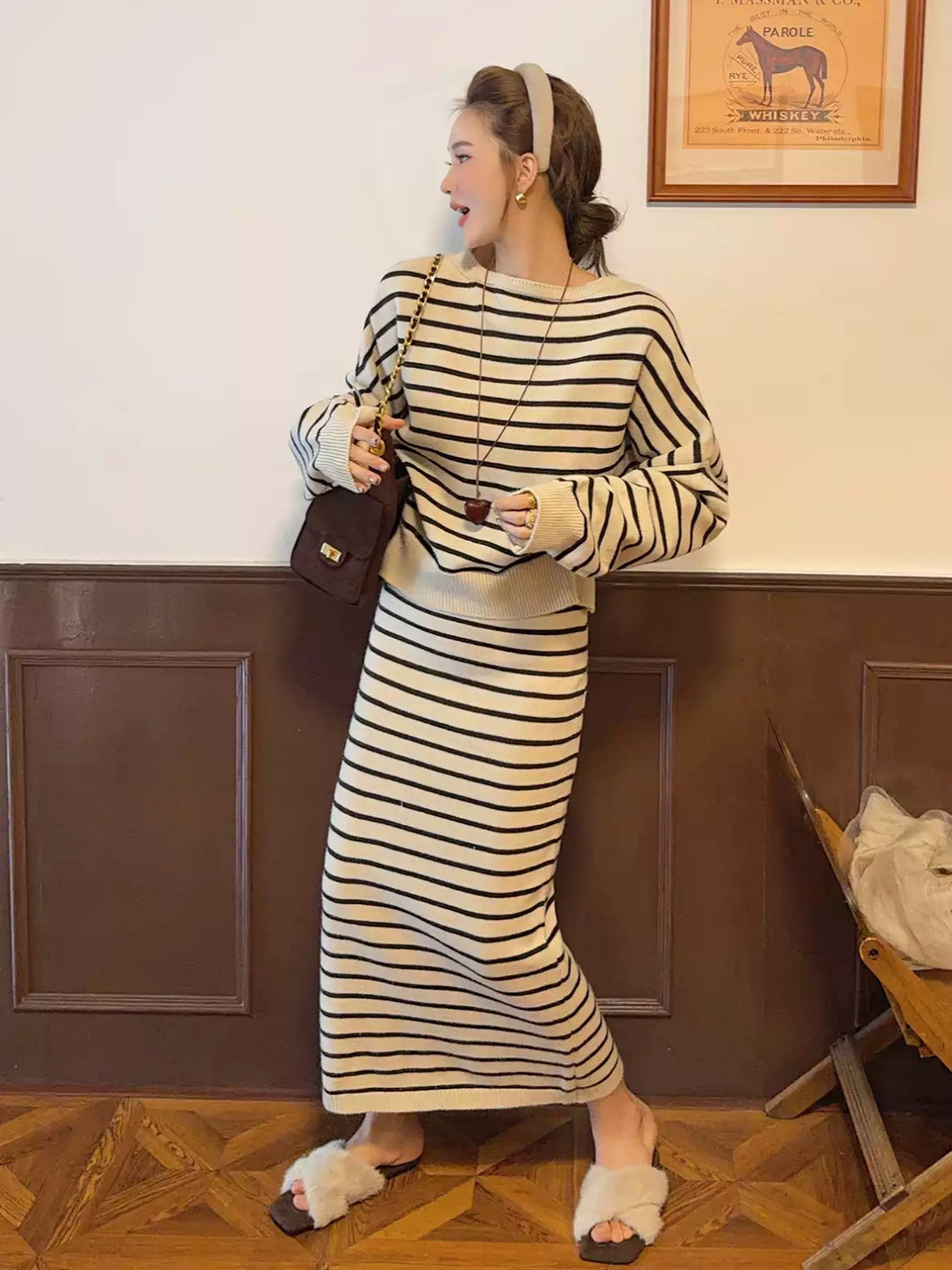 【set】ボーダー柄ニットトップス×ロングスカートセット Q9283