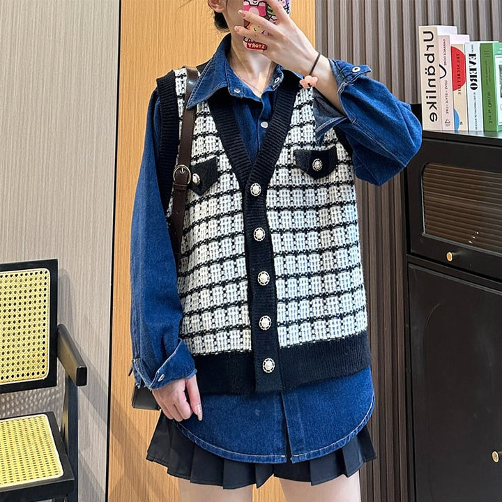 【set】デニムシャツ×ツイードジレセット　M18109
