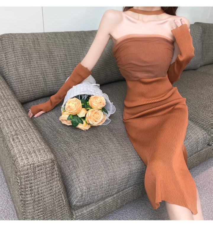 【dress】細身効果抜群♪ファッション薄手ニットワンピース　M16875