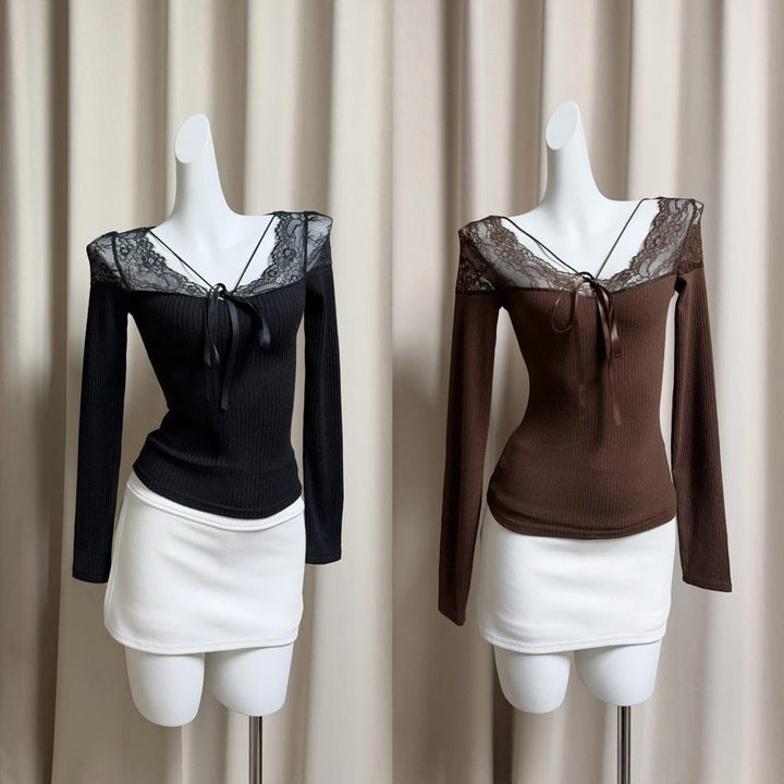 【tops】レース切り替え長袖Tシャツ　M29408