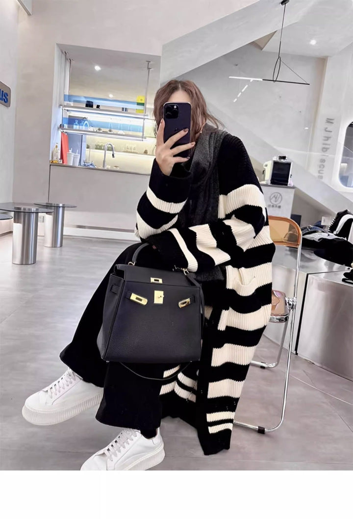 【outer】ボーダー柄ロング丈ニットカーデ　M25902