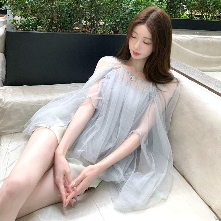【tops】チュールフェイクレイヤードトップス Q8388