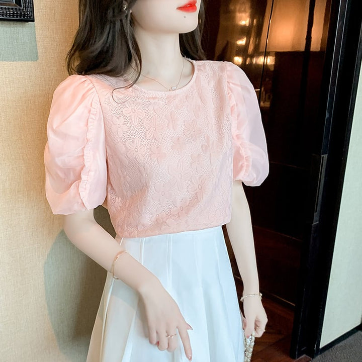 【tops】パフスリーブジャカードカットワークトップス　M17126