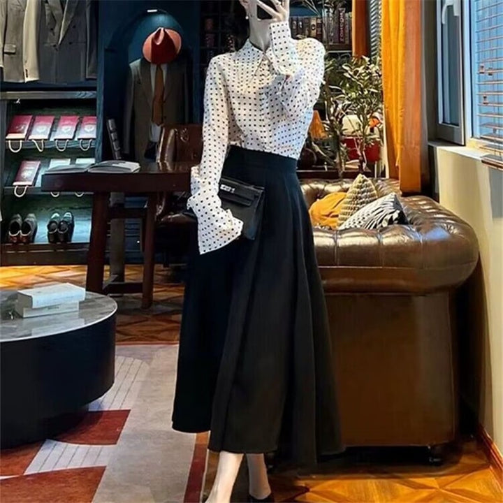 【set】ドット柄シャツ+ハイウエストスカートセット　M17779