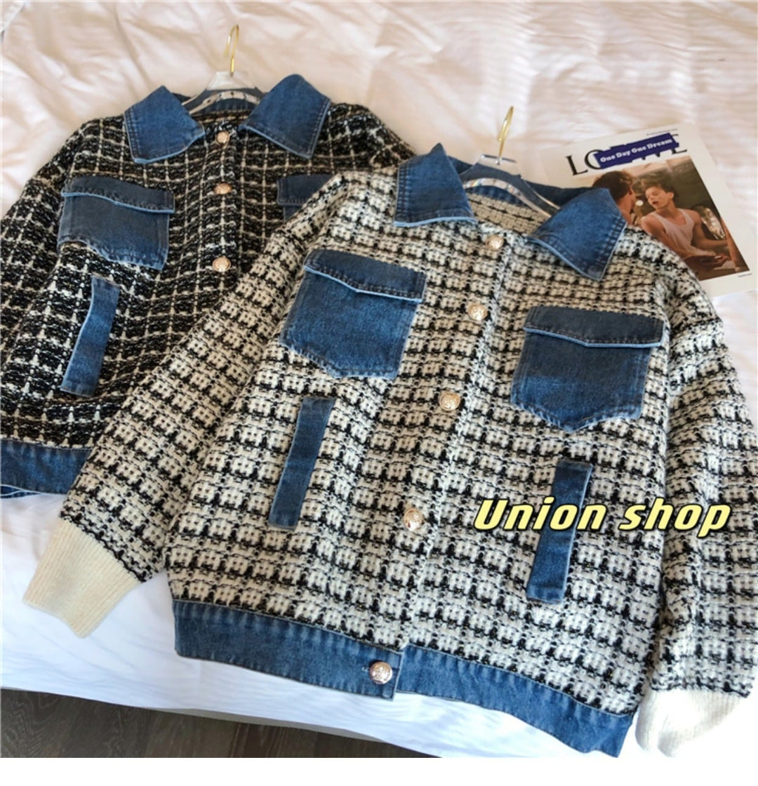 【outer】デニム切り替えツイードニットジャケット　M17772