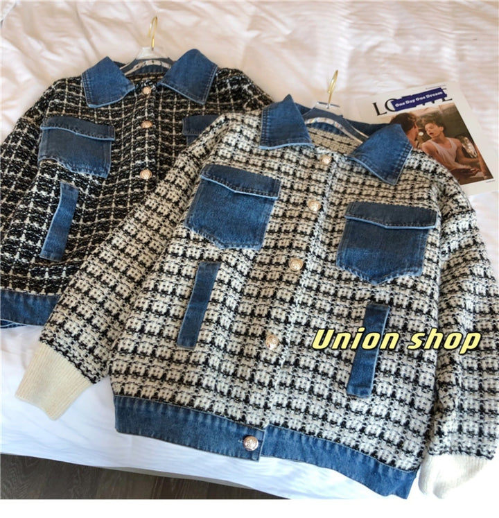 【outer】デニム切り替えツイードニットジャケット　M17772