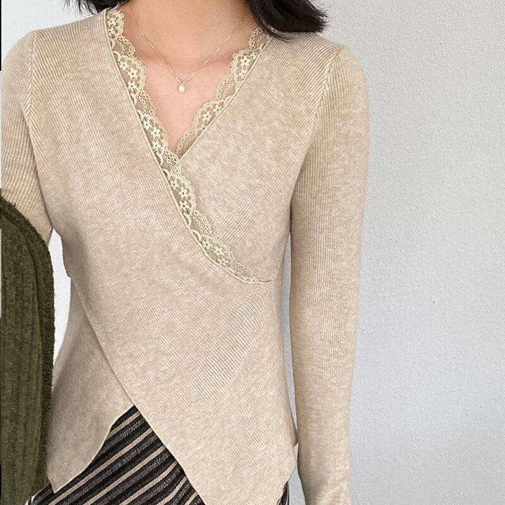 【tops】レース付きクロスニットトップス Q7238