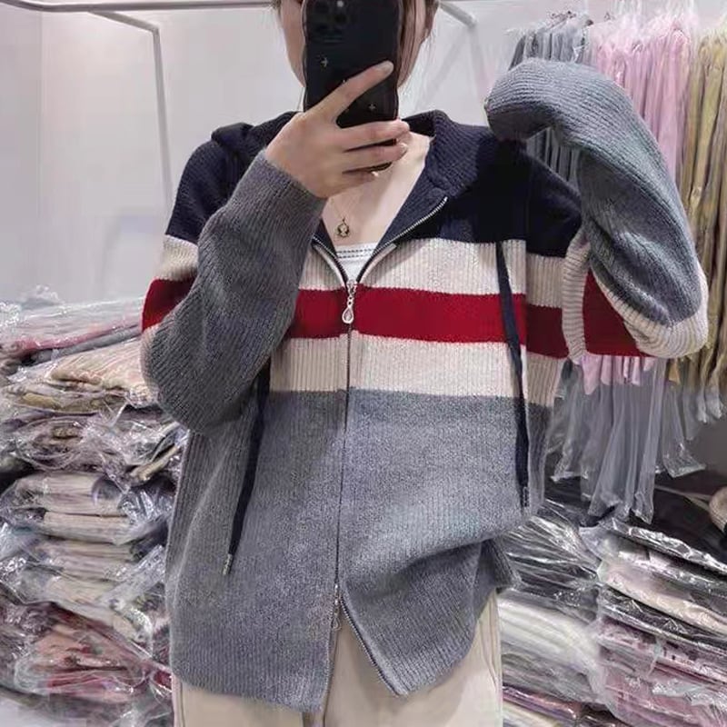 【outer】ファスナー配色フード付きニットカーデ　M18099