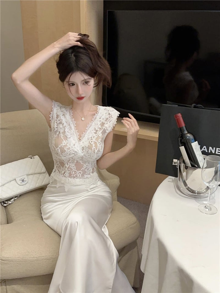 【set】ファーコート+レースマーメイドワンピースセット　M26359