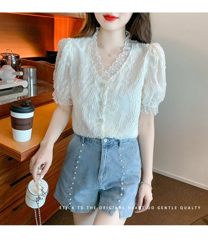 【tops】柔らかくて優しい印象Vネックレースシャツトップス　M17038