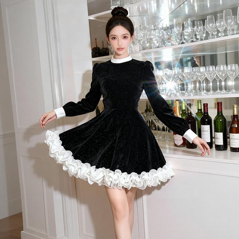 【dress】ギャザーフリルベルベットワンピース Q7573