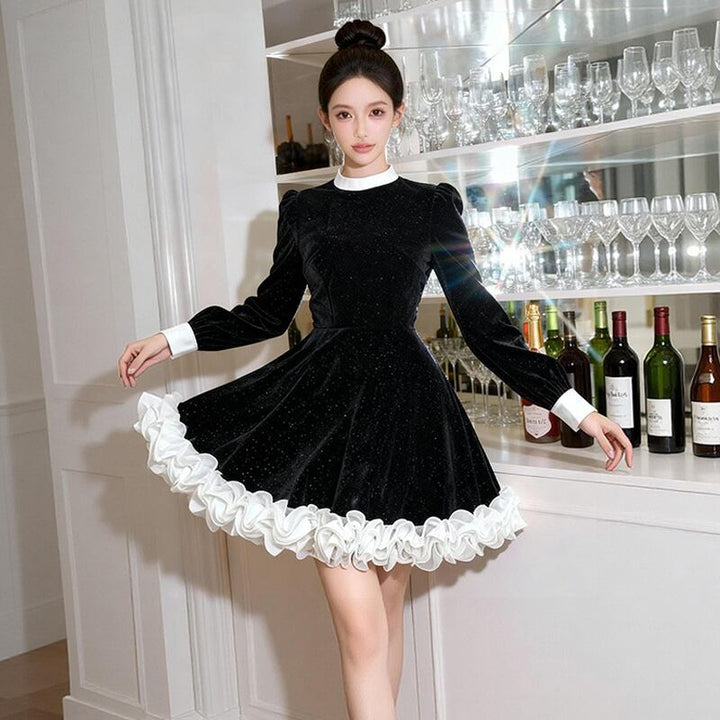 【dress】ギャザーフリルベルベットワンピース Q7573
