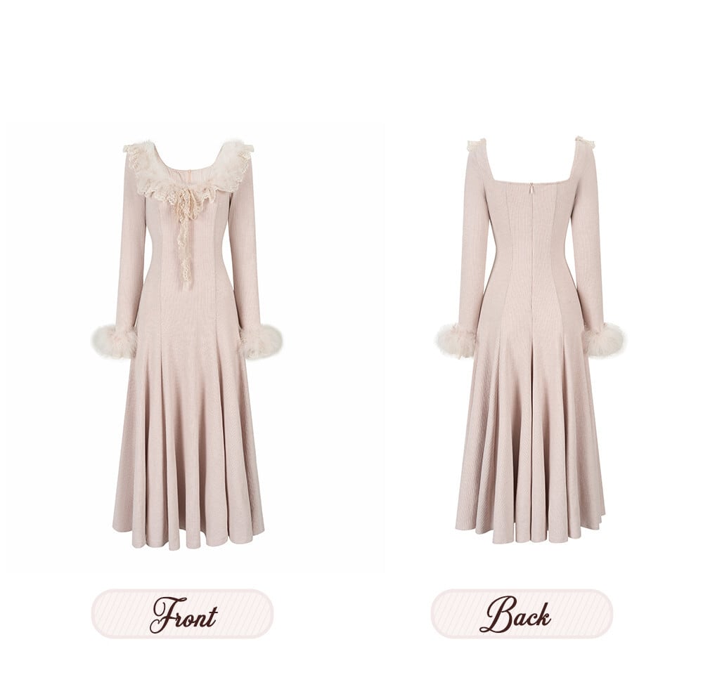 【dress】ファーレースドッキングニットワンピース　N3464