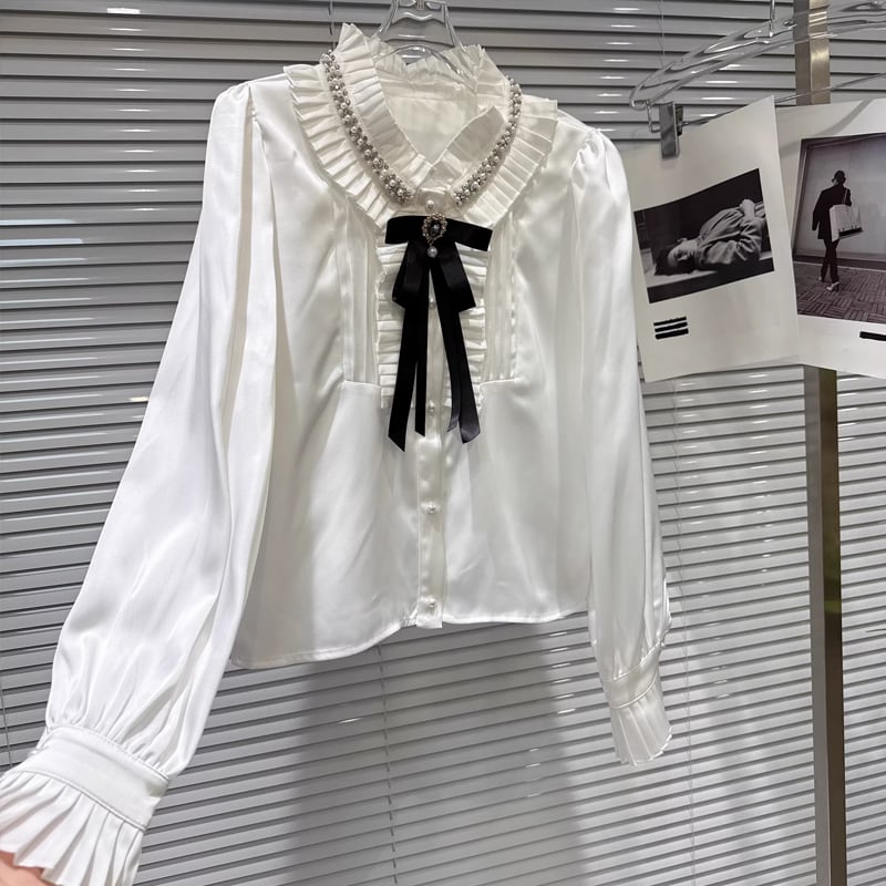 【tops】リボン付きギャザーフリルシャツ Q7893