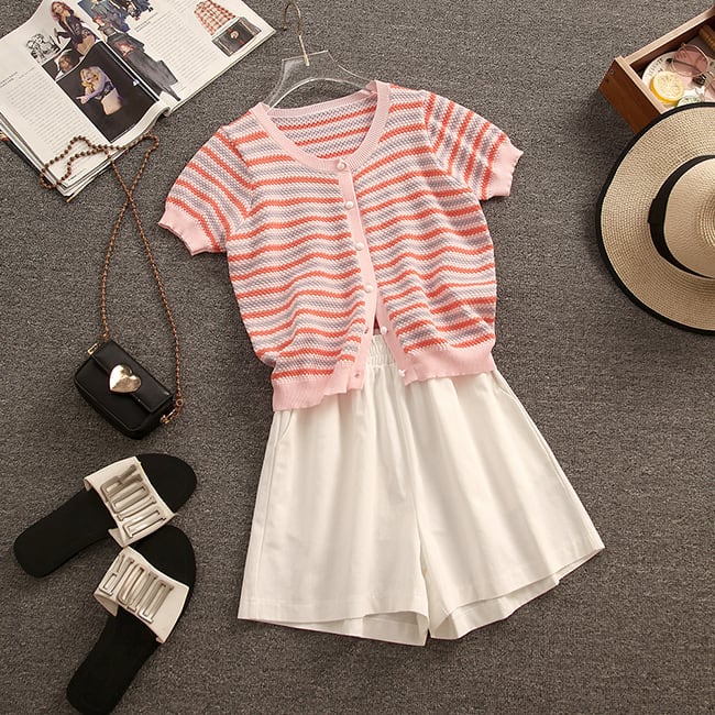 【set】ニットTシャツ+ショートパンツセットアップ　M17197