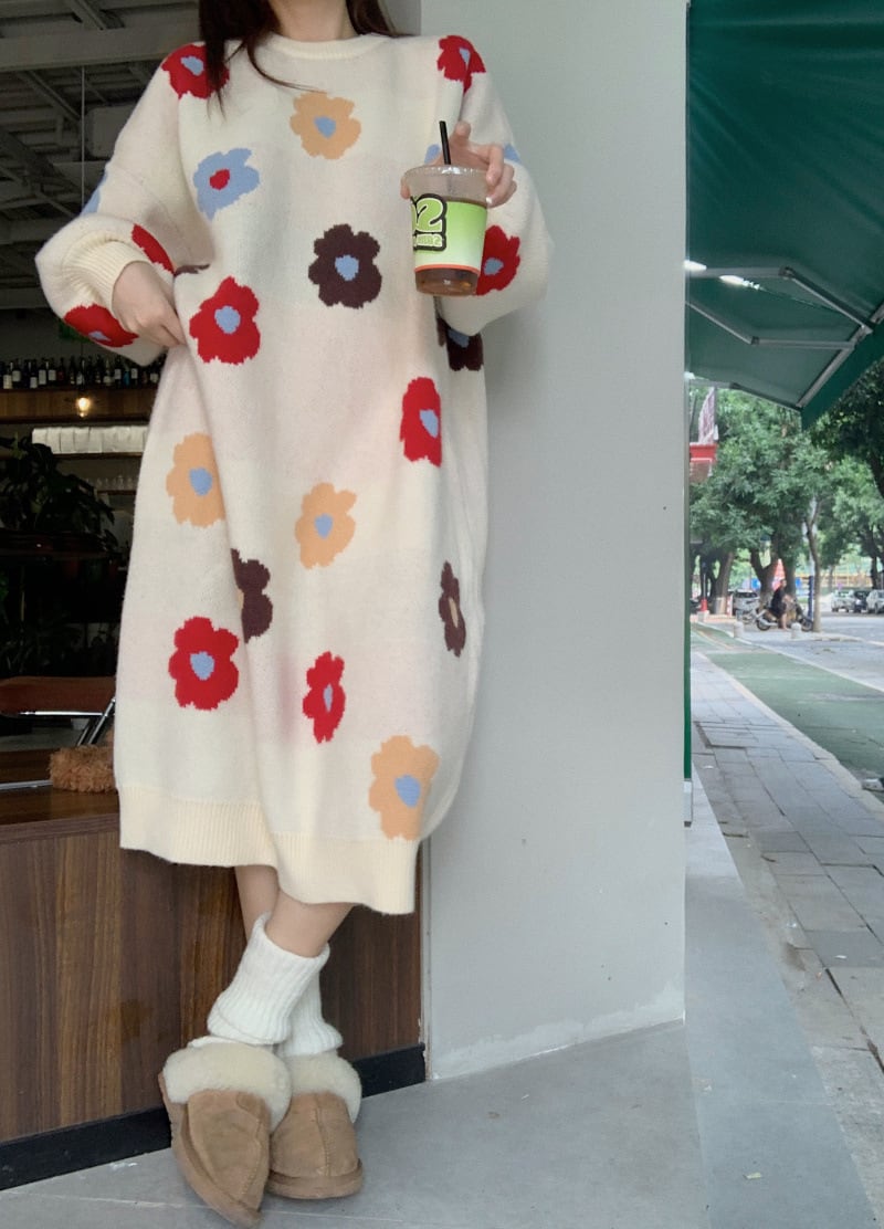 【dress】プリントニットワンピース　M26902