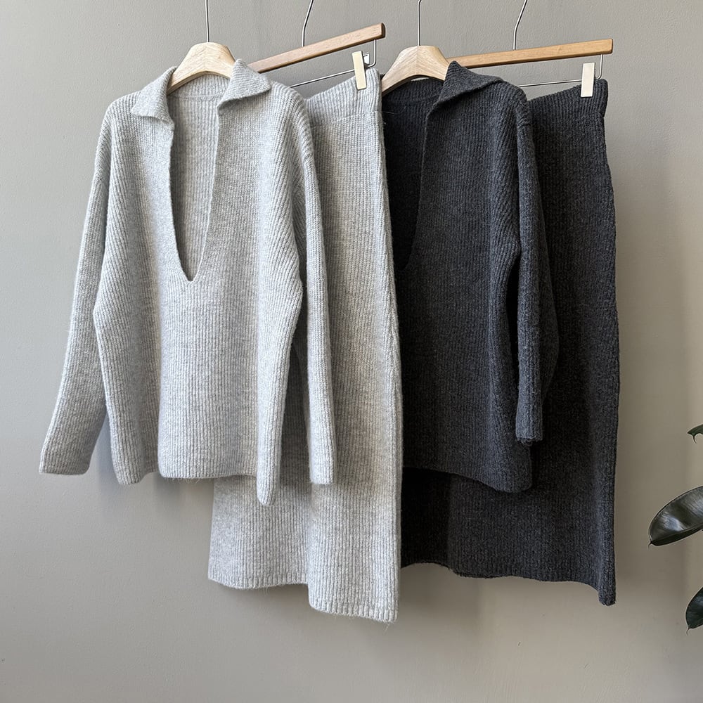 【set】Vネックニットトップス×ロングスカートセット　N3441