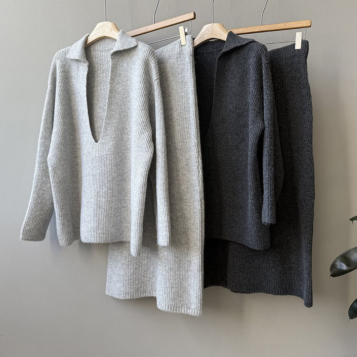 【set】Vネックニットトップス×ロングスカートセット　N3441