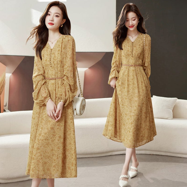 【dress】輝いて超人気 ! Vネック花柄ワンピースベルト付き　M17029