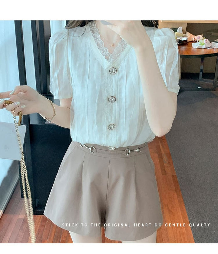 【tops】おしゃれ！Vネックレース切り替えシャツトップス　M17041