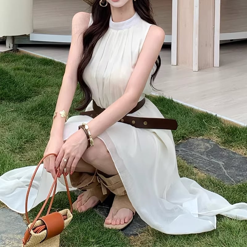 【dress】ベルト付きノースリーブシフォンイレヘムワンピース Q8263