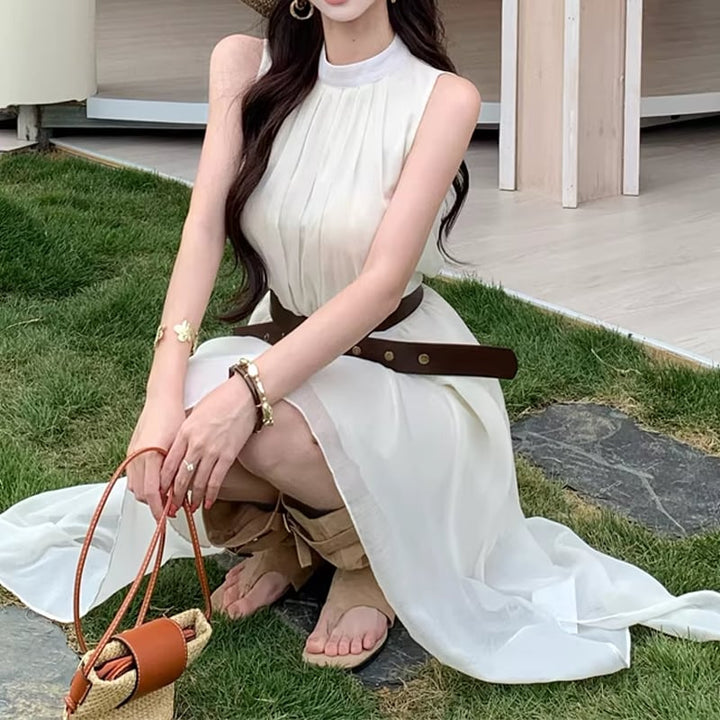【dress】ベルト付きノースリーブシフォンイレヘムワンピース Q8263