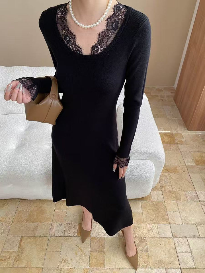 【dress】レースドッキングニットワンピース  K0658