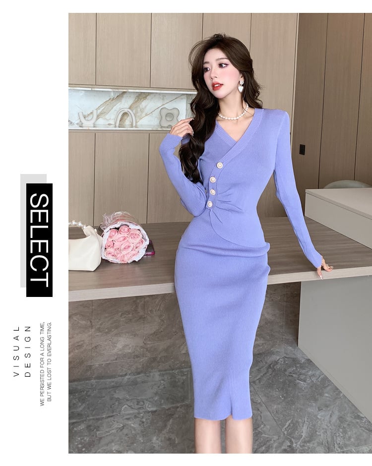 【dress】人気を独占中 ボタンデザインニットワンピース　M17591