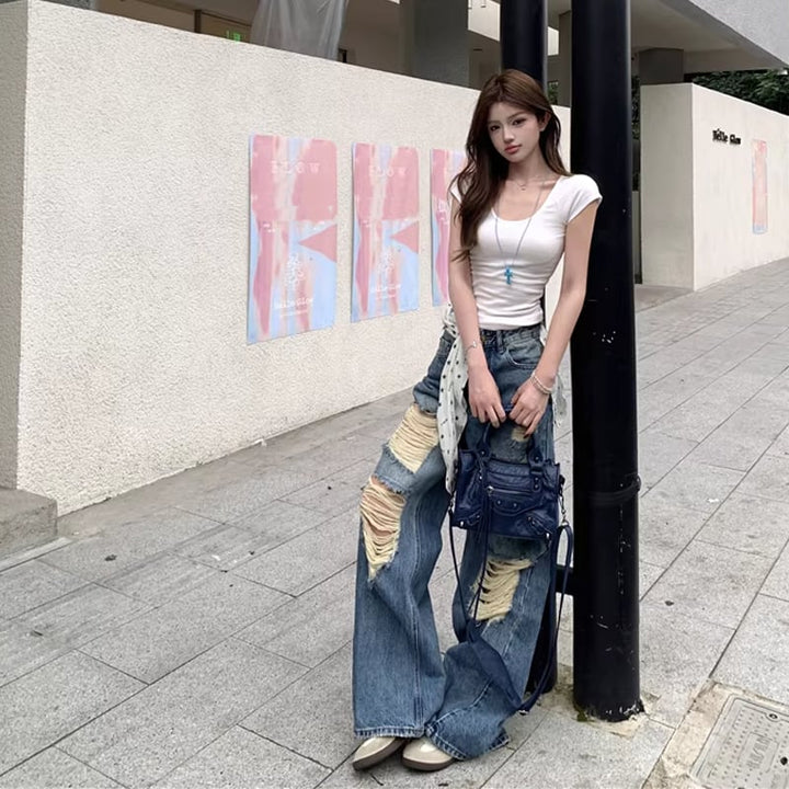 【bottoms】ダメージ加工デニムパンツ Q8303