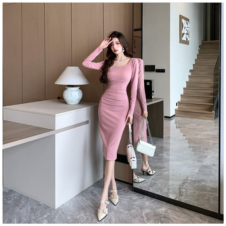 【dress】クルーネック無地ワンピース　M18183