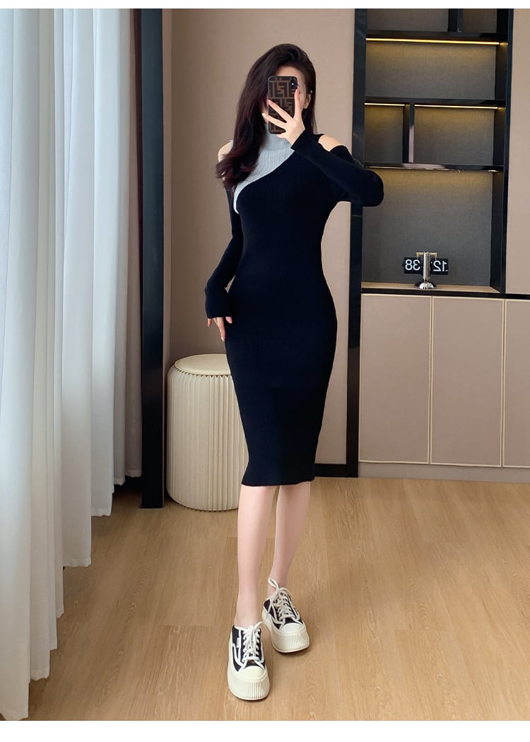 【dress】韓国系オフショルダーニットワンピース　M17599