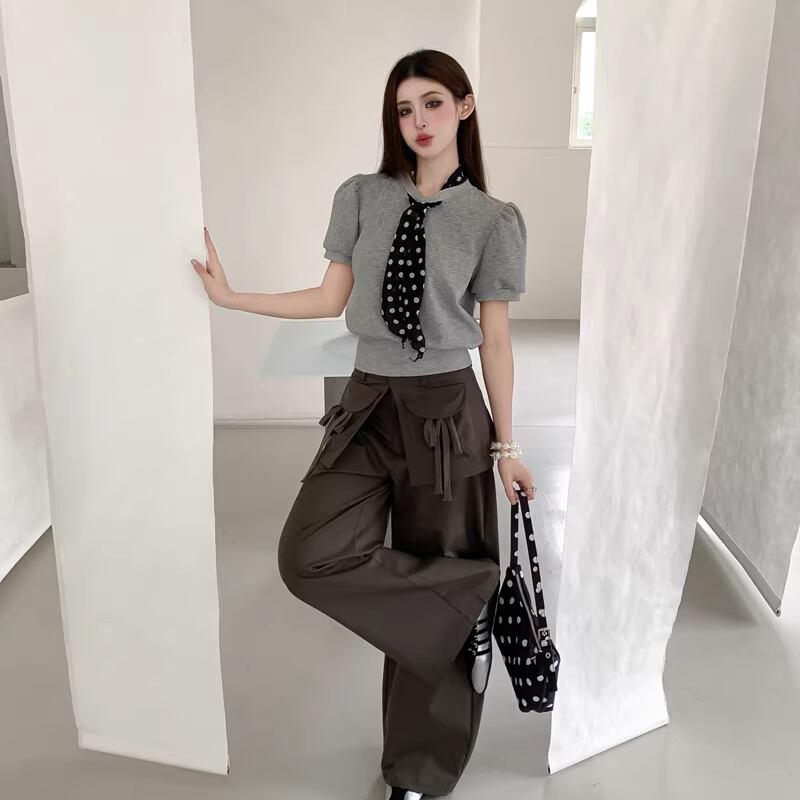 【tops】スカーフカラー半袖トップス Q8212