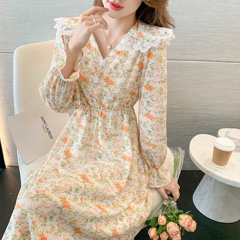 【dress】細身効果抜群♪スウィート花柄ワンピースオシャレ　M17017