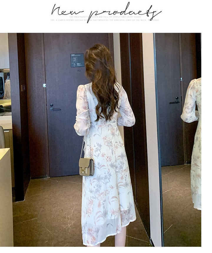 【dress】早い者勝ちVネックスリット花柄ワンピース　M17304