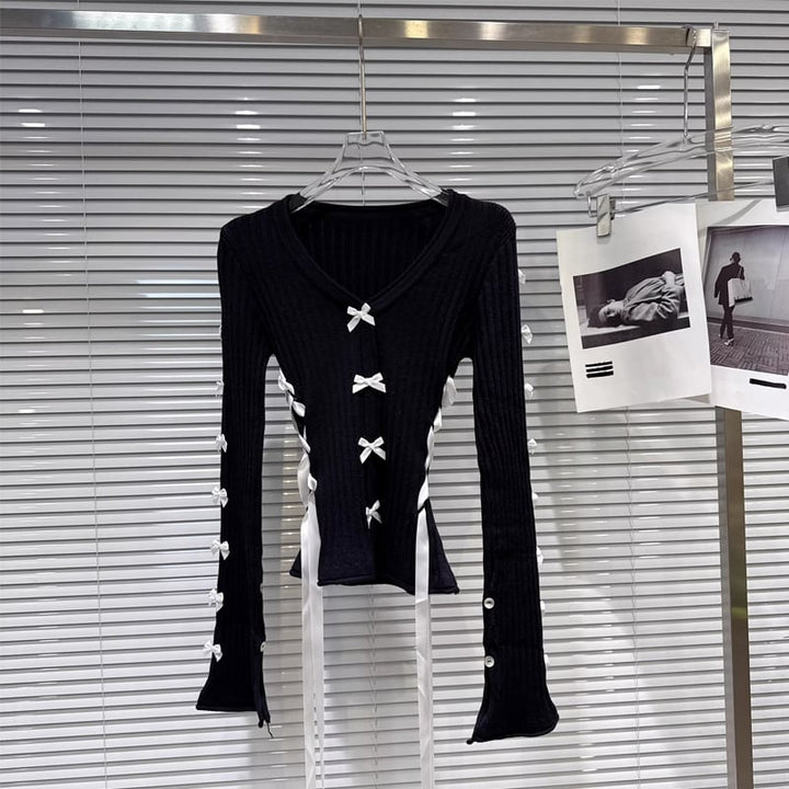 【tops】リボン付きニットトップス Q7892