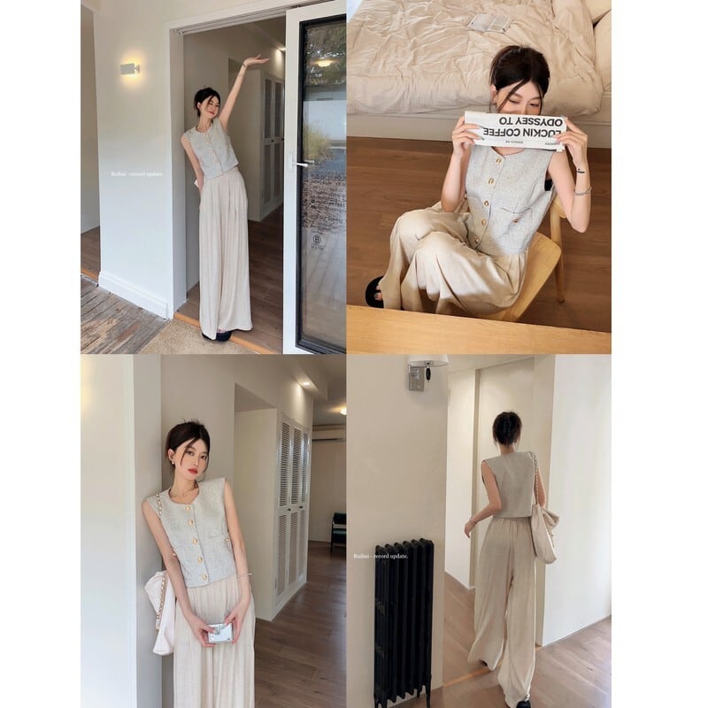 【set】高級感 エレガントベストトップス+ワイドパンツ　M17180