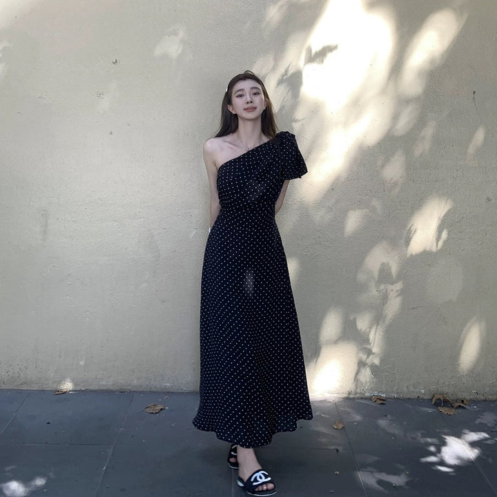 【dress】ワンショルダーリボンドット柄ワンピース　N3045