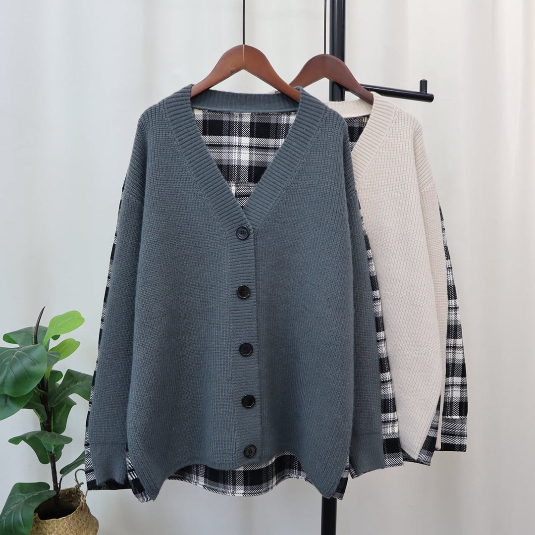 【outer】チェック柄ドッキングニットカーデ　M18259