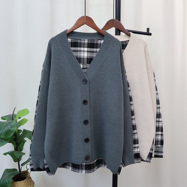 【outer】チェック柄ドッキングニットカーデ　M18259