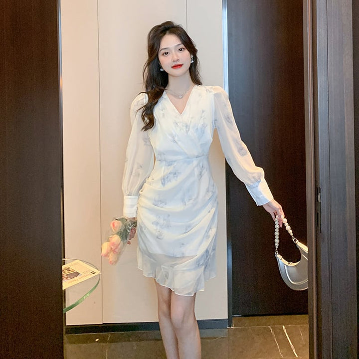 【dress】大人らしい Vネックマーメイド花柄ワンピース　M17259