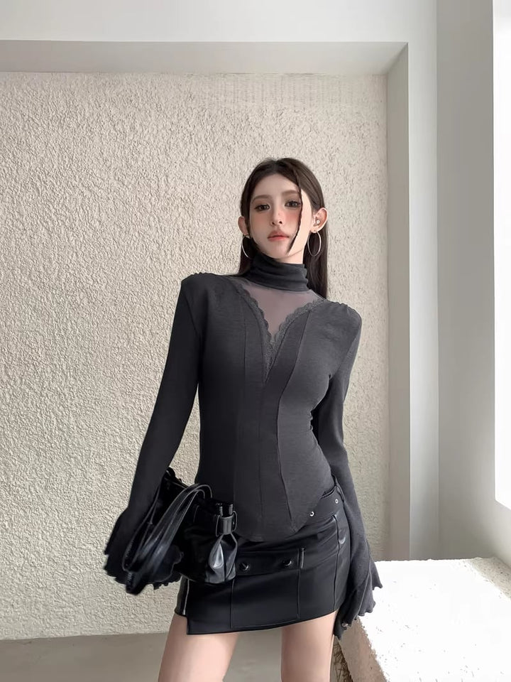 【tops】ハイネックチュールドッキングトップス Q8054