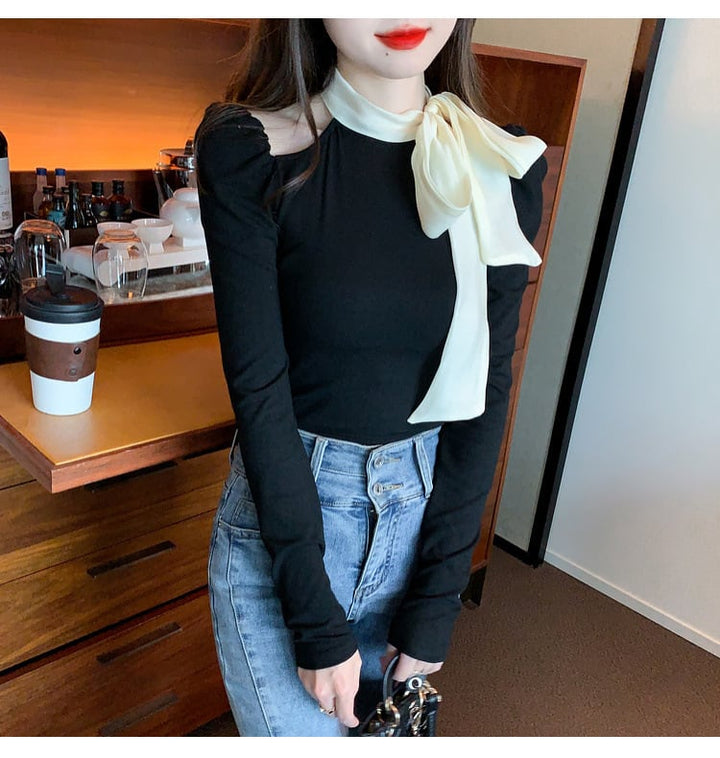 【tops】リボン付きオフショルダートップス　M29380