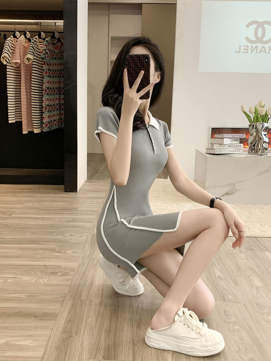 【dress】絶対流行POLOネックニットワンピース着瘦せ　M17396