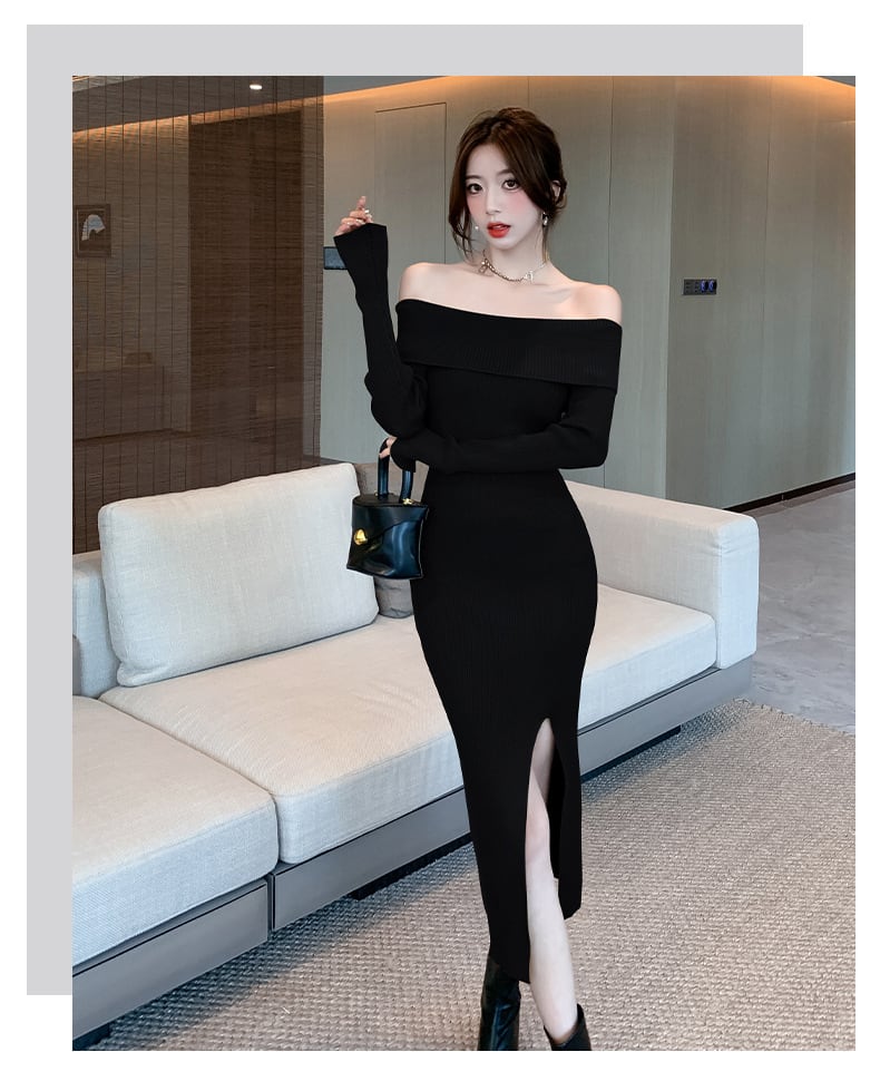 【dress】ボートネックスリットニットワンピース　M18085