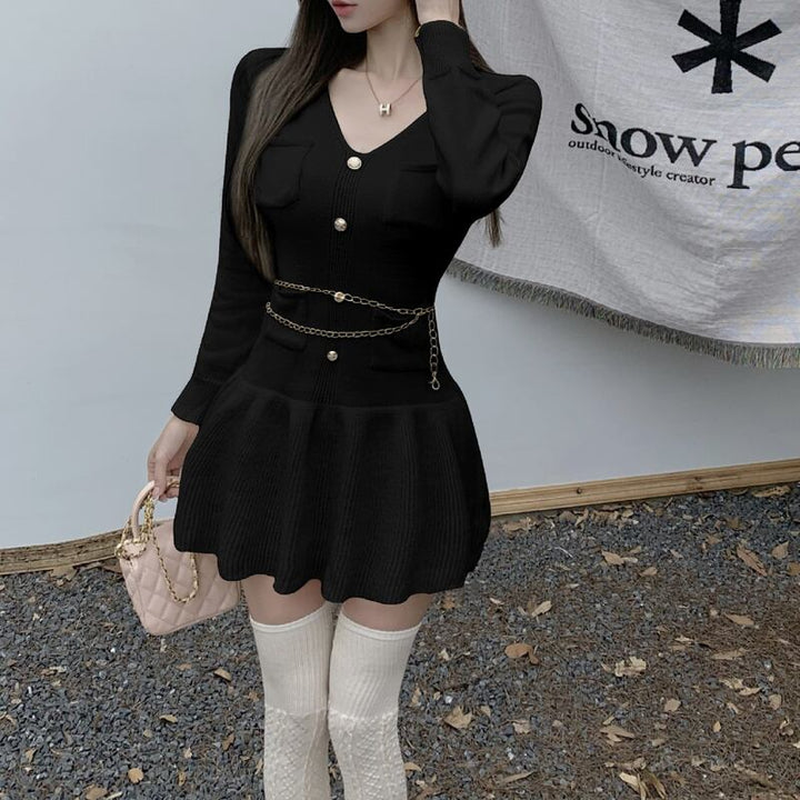 【dress】Vネックフレアニットワンピース Q7515