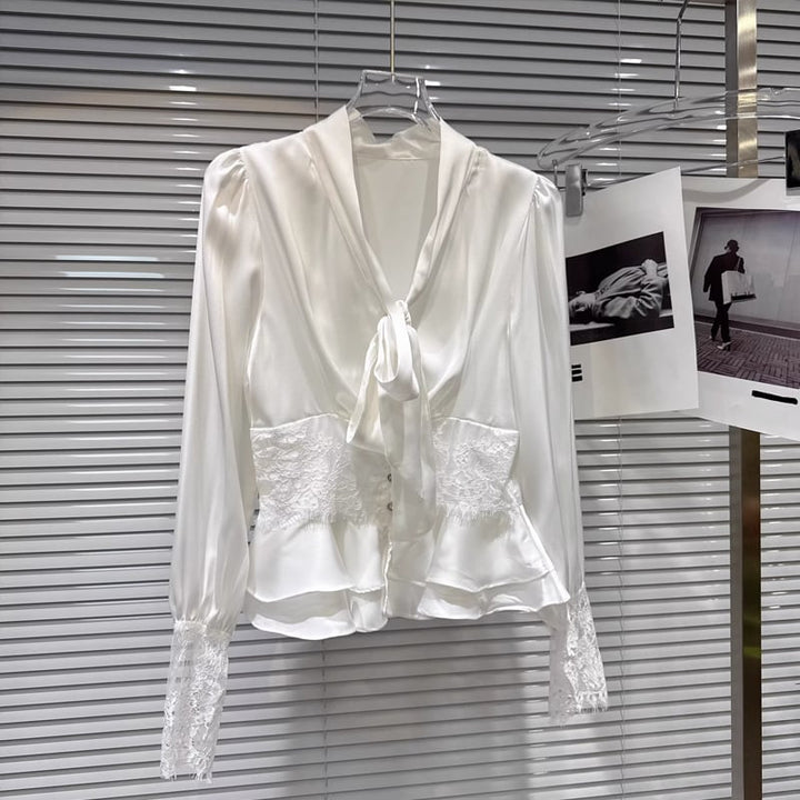 【tops】Vネックレースドッキングシャツ Q8103