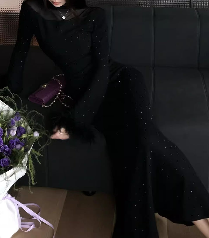 【dress】袖ファーチュールドッキングニットワンピース Q7559