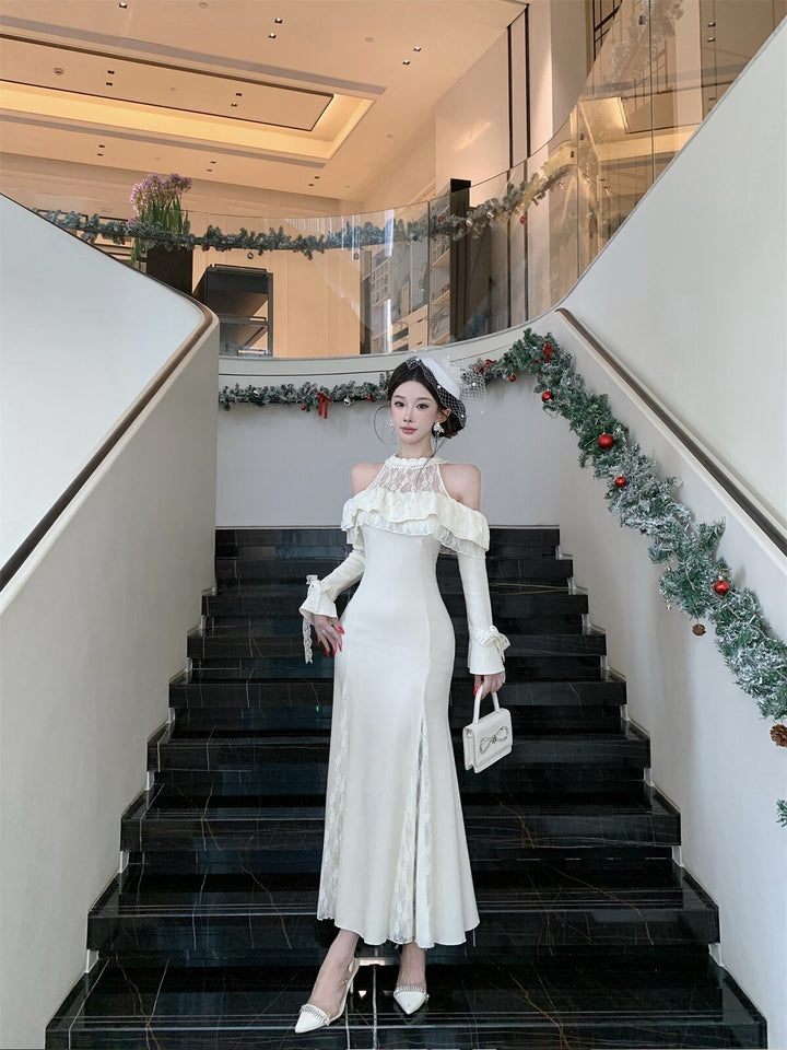 【dress】オフショルレースドッキングワンピース Q7878