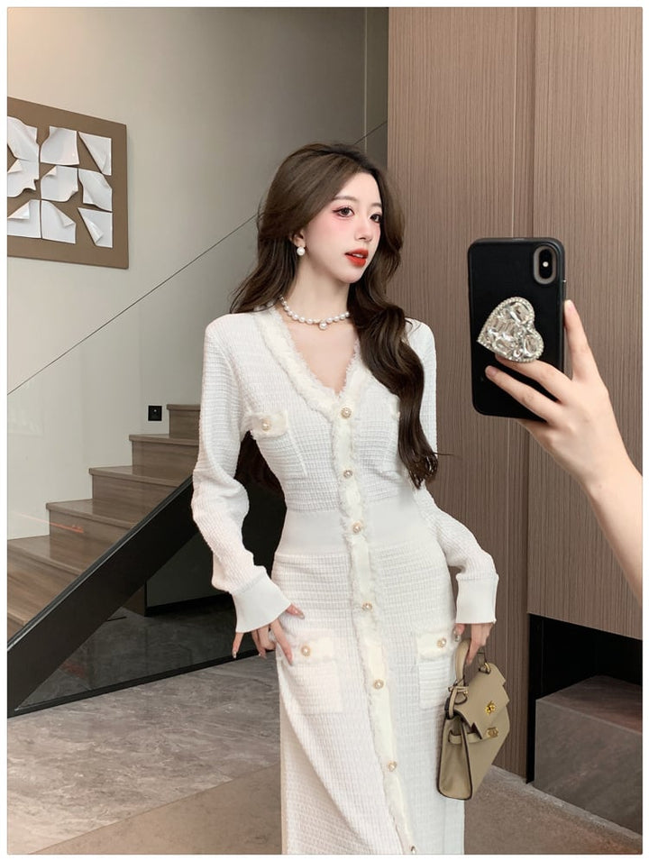 【dress】Vネックボタンデザインニットワンピース　M17919